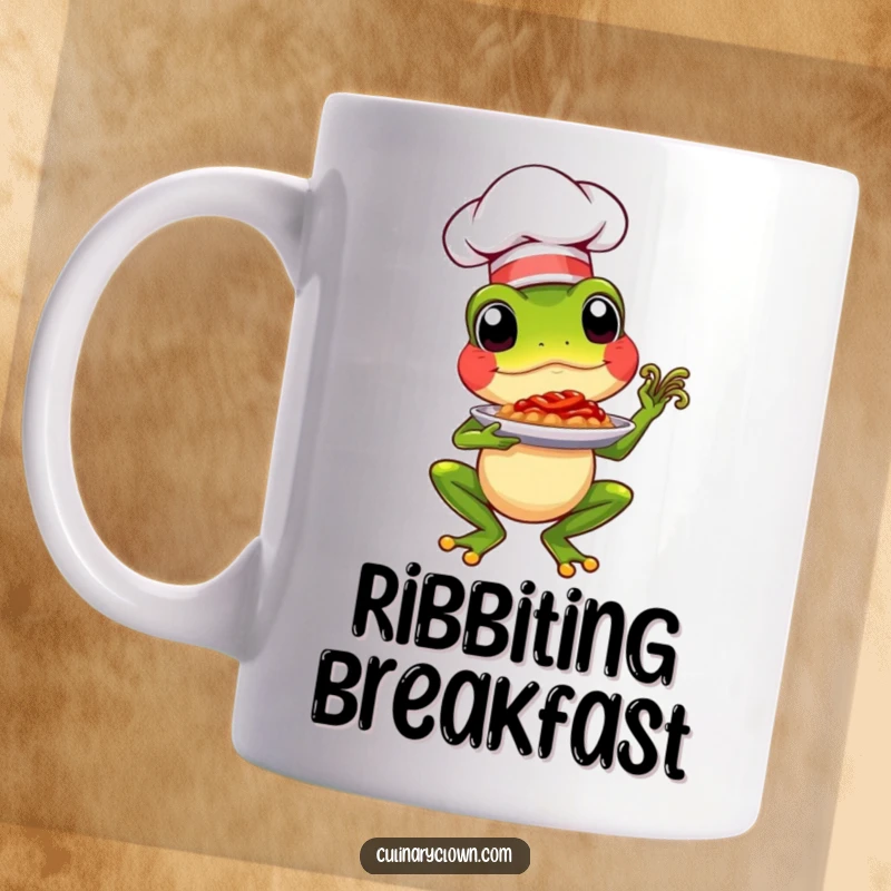 Funny chef frog proudly presenting a delicious dish with a flourish, a humorous and elegant mug design.