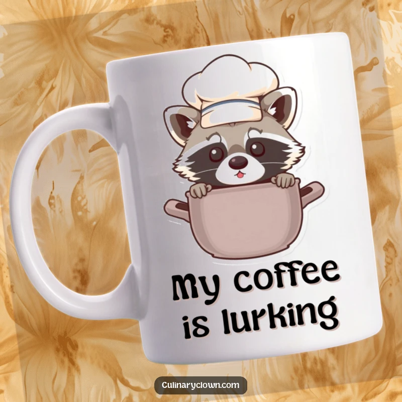 Funny chef raccoon peeking mischievously from behind a cooking pot, a cute and humorous kitchen accessory gift.