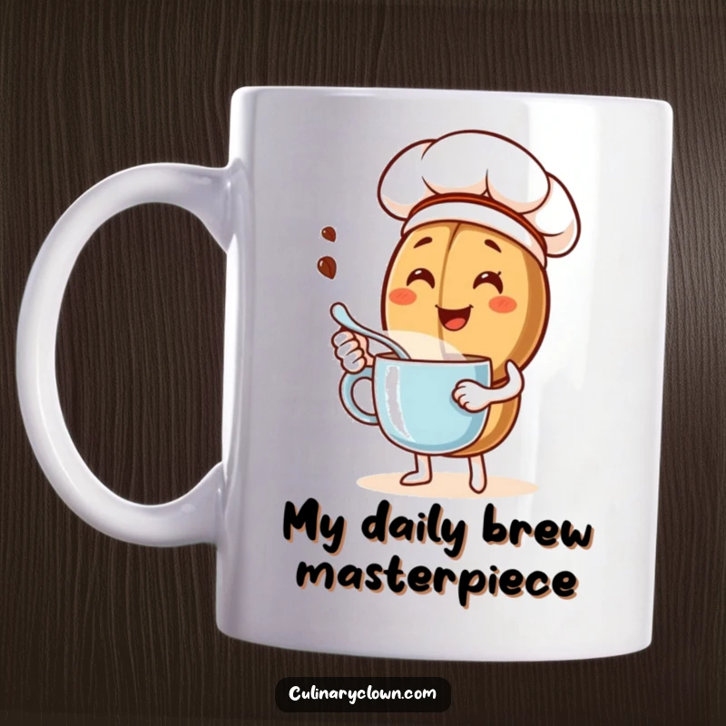 Funny mug featuring a happy coffee bean chef character joyfully stirring a steaming coffee mug with a small spoon, perfect for coffee lovers.
