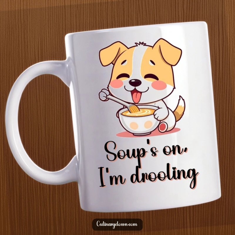 Funny mug with a delighted dog character joyfully slurping soup, capturing pure culinary bliss and a love for food.