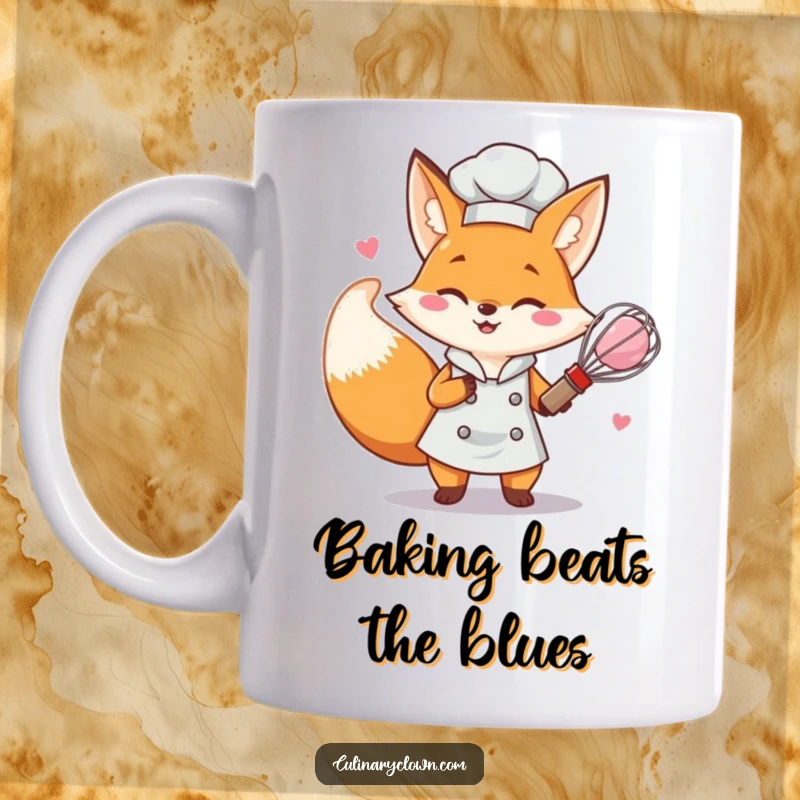 Funny fox chef character enthusiastically whisking pink batter in a mug, perfect for baking lovers.
