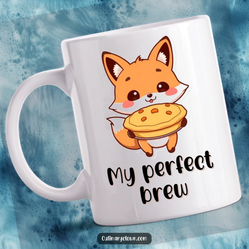 Funny mug featuring a cheerful fox character proudly presenting a golden-brown baked pie, celebrating homemade goodness.