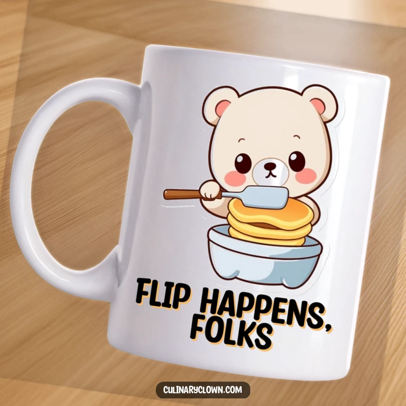 Funny kawaii bear character precariously flipping pancakes with a spatula on a mug, embodying breakfast chaos.