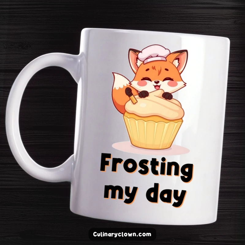 Funny Kawaii Fox Chef Mug: Cute cartoon fox chef gleefully decorating a giant cupcake with swirls of frosting, a sweet kitchen companion.