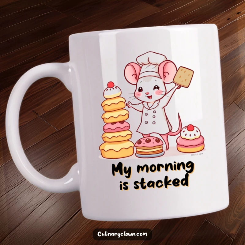Funny Kawaii Mouse Chef Mug: A cute mouse chef precariously balancing a tall tower of delicious pastries, looking determined and slightly stressed.