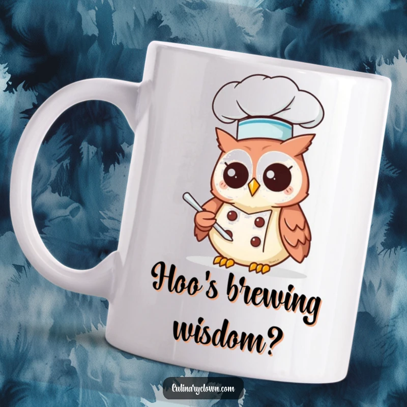 Funny Kawaii Owl Chef Mug featuring a cute owl in a tall hat contemplating a recipe, ideal for kitchen humor enthusiasts.