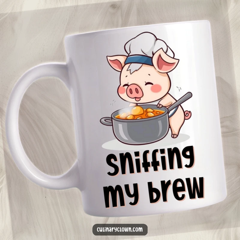Funny Kawaii Pig Chef Mug: Cute pig chef curiously sniffing a steaming pot of stew, creating culinary intrigue.