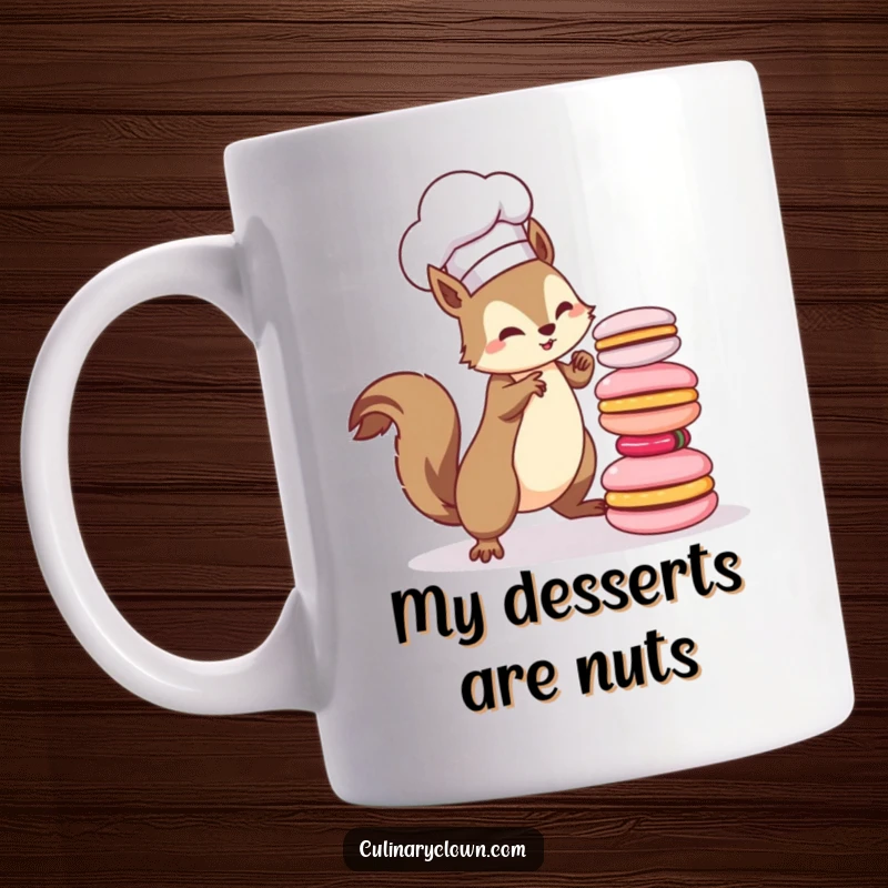 Funny kawaii squirrel chef precariously balancing a tall stack of colorful macarons, looking determined yet slightly overwhelmed, on a mug.