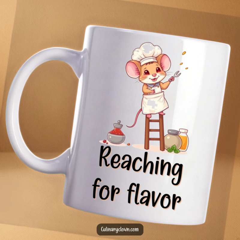 Funny mouse chef mug featuring a tiny, determined mouse in a chef's hat, bravely climbing a ladder towards a shelf of spices.