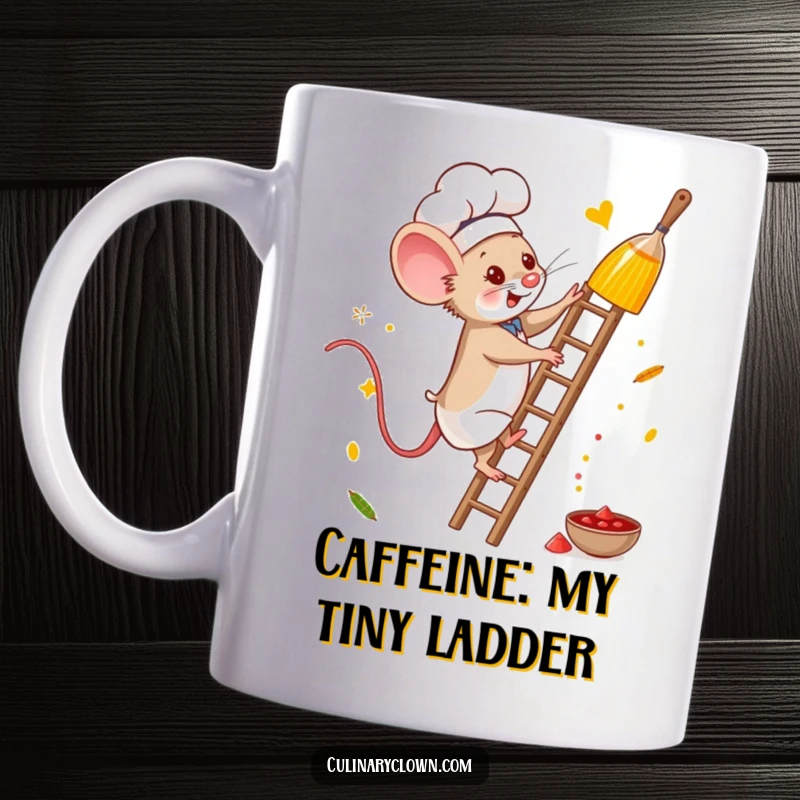Funny mouse chef mug showing a brave character climbing a ladder to reach high spices, great for coffee lovers.
