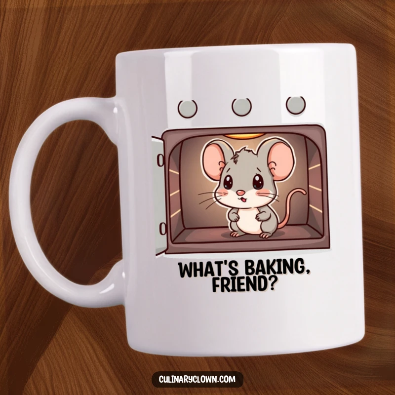 Funny mug with a tiny mouse character curiously peeking into an open oven, anticipating delicious baked goods.