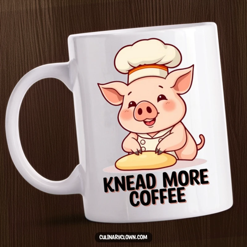 Funny smiling pig chef in a tall hat, kneading dough with gusto, on a mug, for passionate cooks.