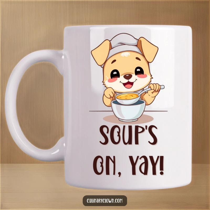 Funny puppy chef mug showing a gleeful young dog excitedly tasting a spoonful of soup with a big, happy grin.
