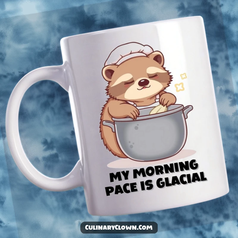 Funny sloth chef mug with a sleepy character slowly stirring a large pot of soup, perfect for slow mornings.