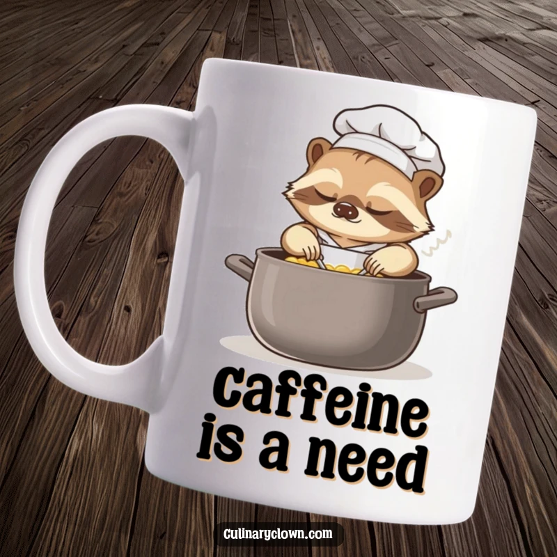 Funny sloth chef mug featuring a very sleepy sloth in a chef's hat, slowly stirring a large pot of bubbling stew.