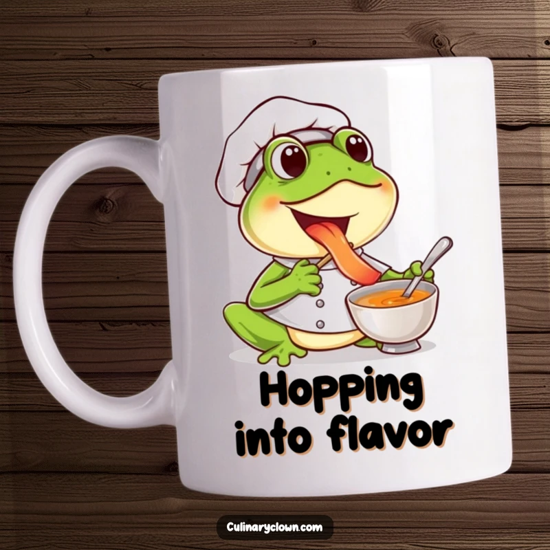 Funny frog chef mug showing a joyful character excitedly tasting soup, perfect for happy mornings and soup lovers.