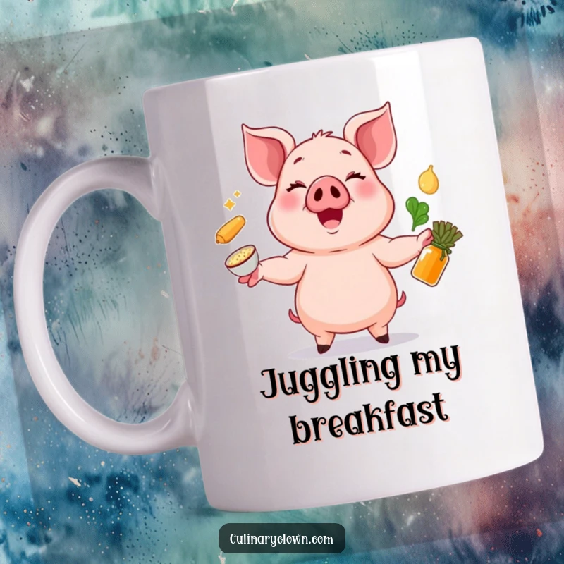 Funny mug with a cheerful pig character energetically juggling various cooking ingredients like flour and eggs.