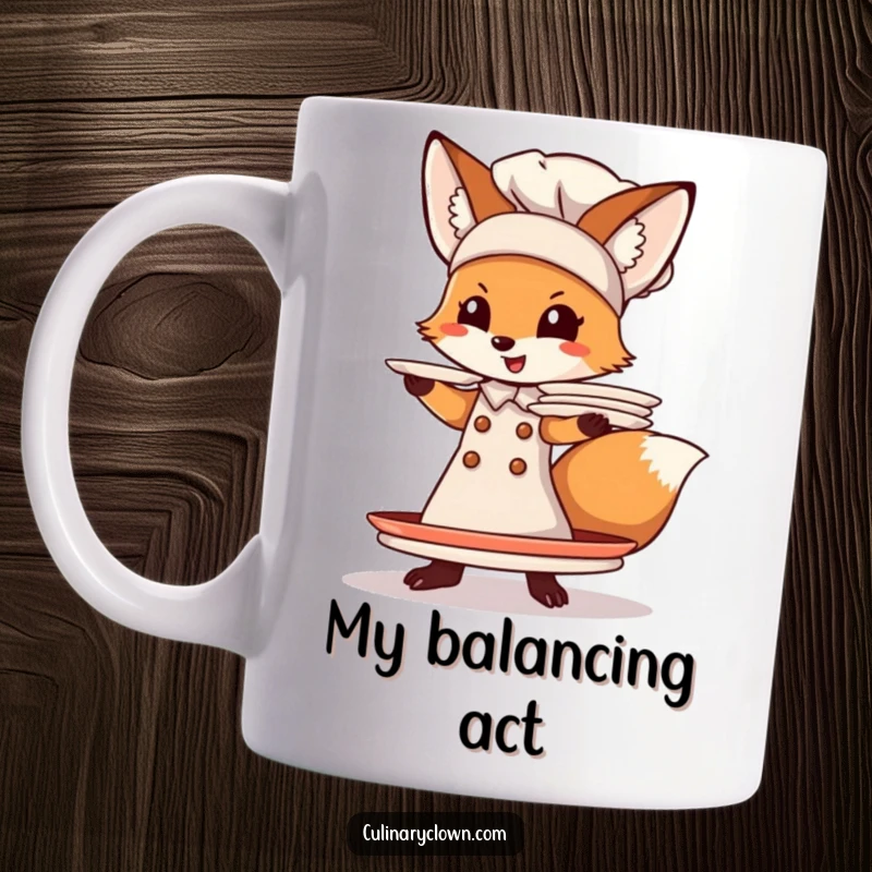 Funny Fox Chef Mug: A clumsy fox chef balances a tall stack of plates, looking stressed but determined, perfect for kitchen humor.