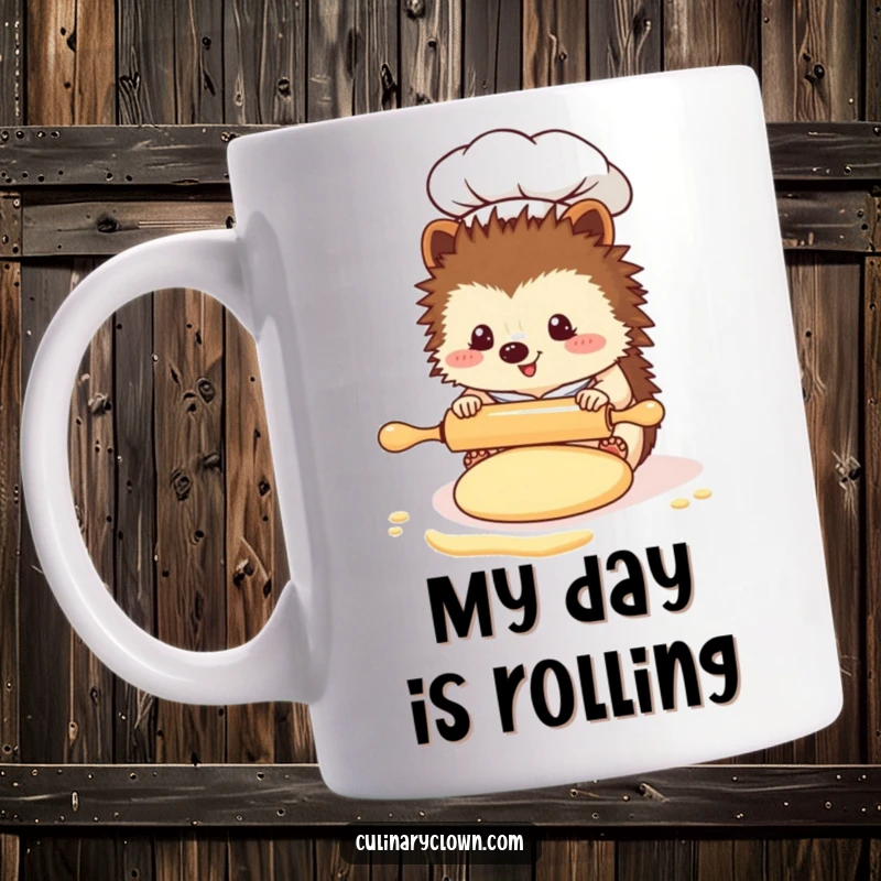 Funny Kawaii Hedgehog Chef Mug: A cute hedgehog wearing a chef hat is using a tiny rolling pin to flatten dough, looking focused.