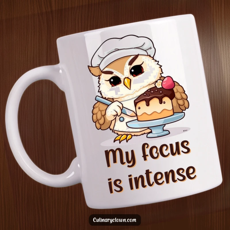 Funny owl chef mug showcasing a focused bird with a tiny chef hat, delicately piping frosting onto a minuscule cake with precision.