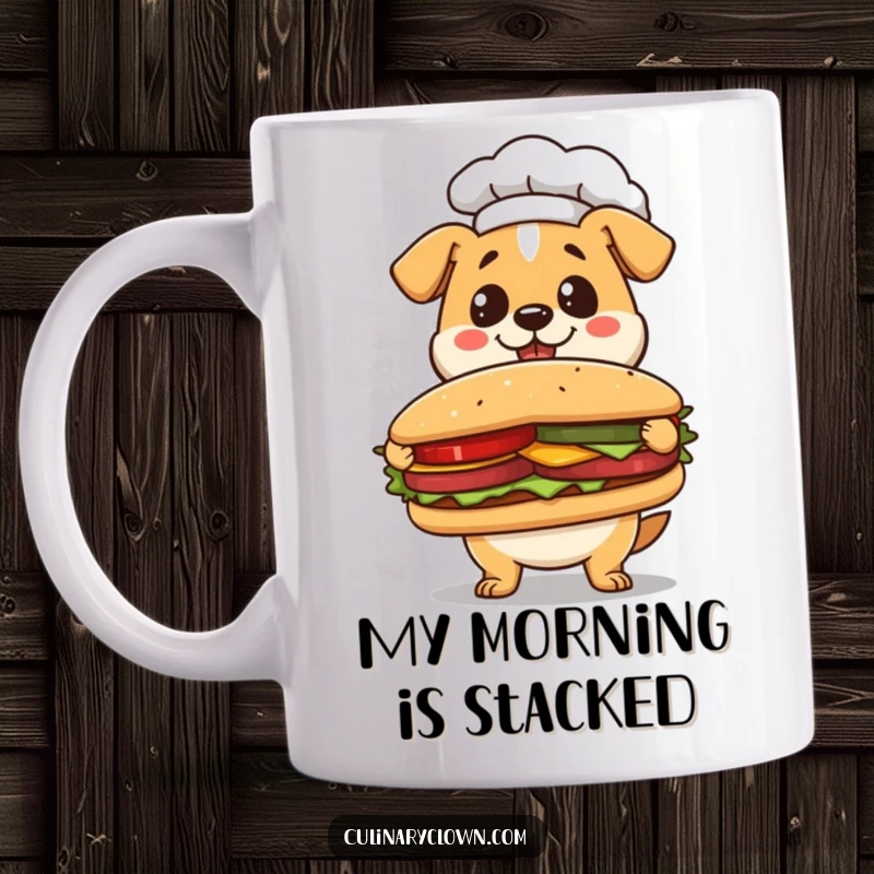 Funny Kawaii Dog Chef Mug: Cute dog chef proudly presenting a giant sandwich, showcasing culinary pride.