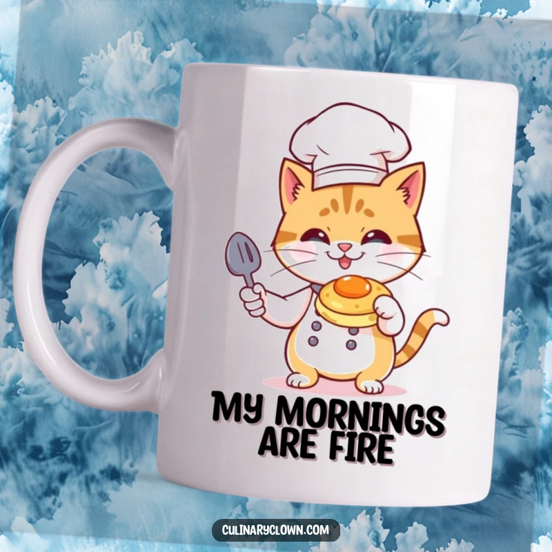 Funny Cat Chef Mug: Mischievous cat in toque flambéing pancake, spilling batter while grinning wildly.