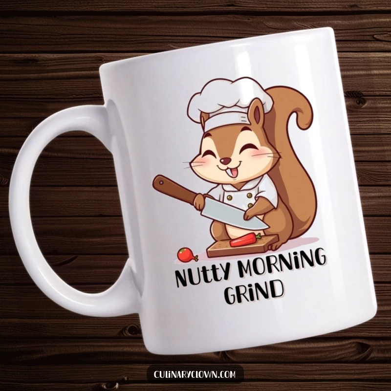Funny chef squirrel vigorously chopping an ingredient with a knife, a lively and humorous kitchen mug design.