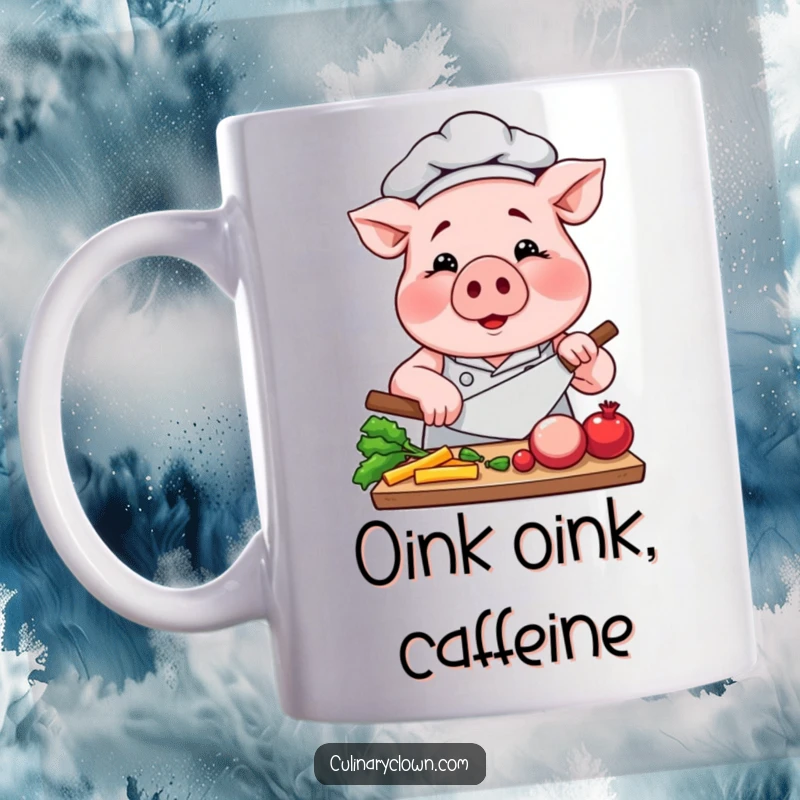 Funny Pig Chef Mug: A smiling pig in a chef hat intensely chops vegetables with a knife, showcasing culinary dedication.