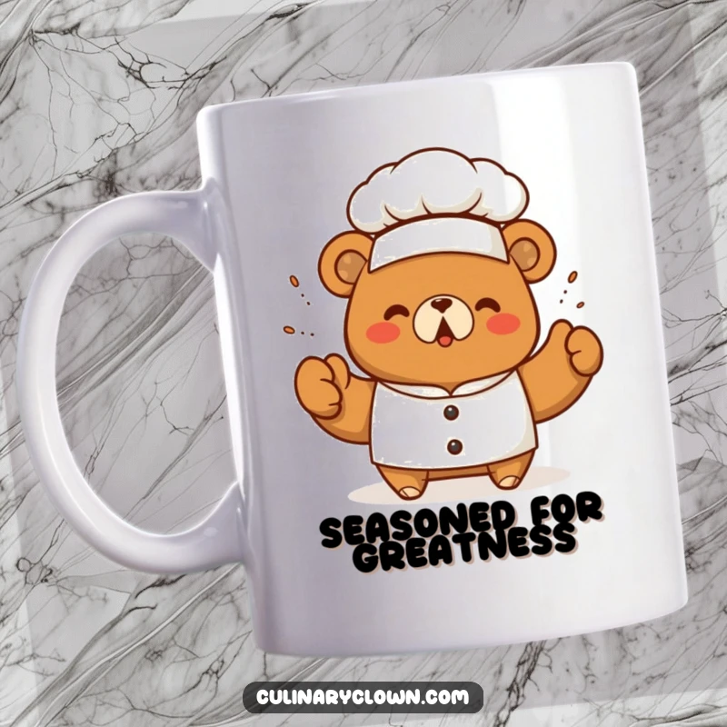 Funny kawaii bear chef in a tall hat triumphantly sprinkling seasoning, perfect for a delicious and humorous coffee break.