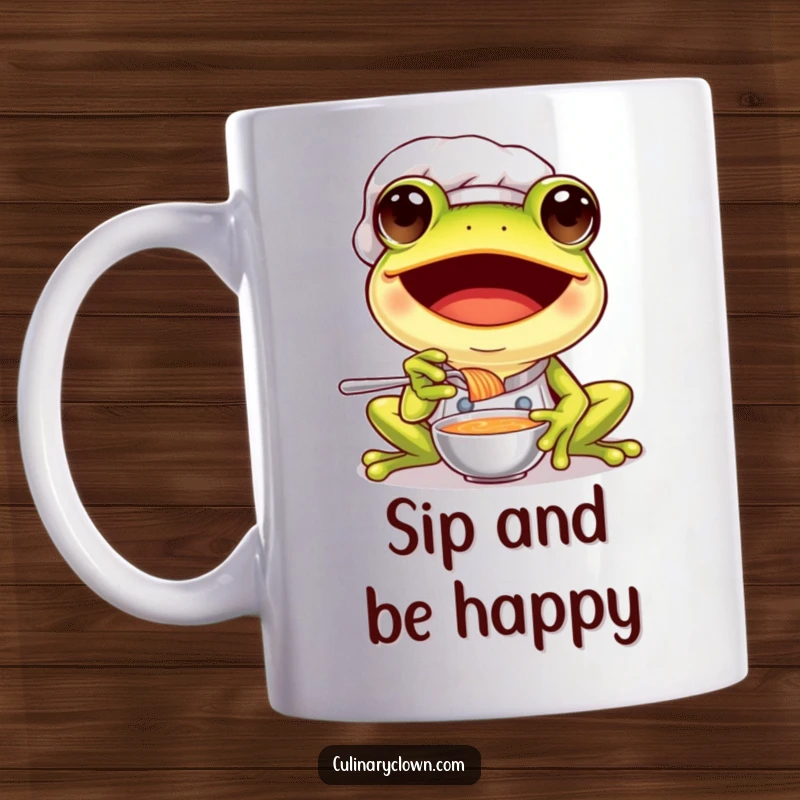 Funny frog chef mug featuring a happy frog in a chef's hat, excitedly tasting a spoonful of steaming soup.