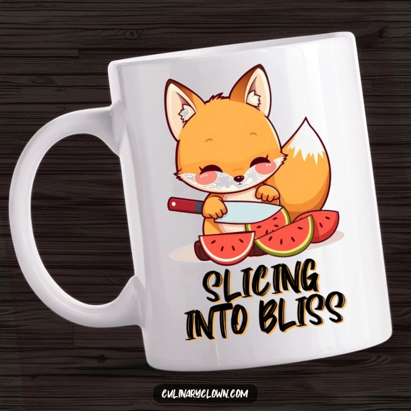 Funny kawaii fox character carefully slicing a vibrant fruit on a mug, embodying healthy living.
