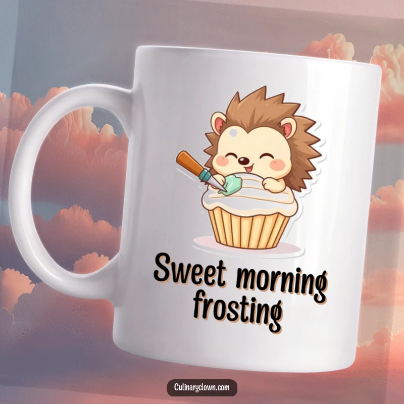Funny mug featuring a smiling hedgehog character meticulously frosting a delicious cupcake with expert precision.
