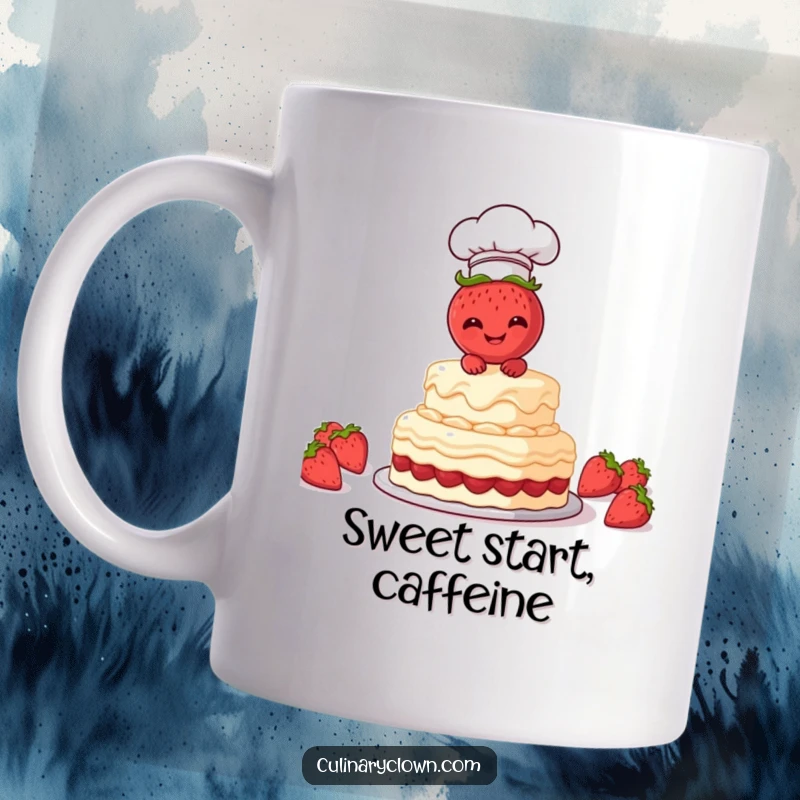 Funny Mug featuring a giggling strawberry character joyfully frosting a multi-layered cake, capturing baking bliss.