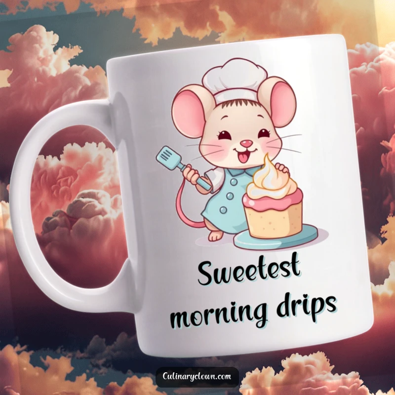 Funny Kawaii Mouse Chef Mug: Cute mouse chef excitedly decorating a tiny cake with frosting, creating sweet art.
