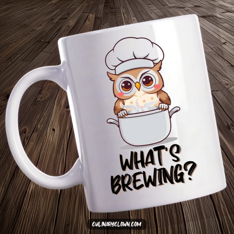 Funny Kawaii Owl Chef Mug: Cute cartoon owl chef with big curious eyes peeking over a steaming pot, contemplating culinary creations.