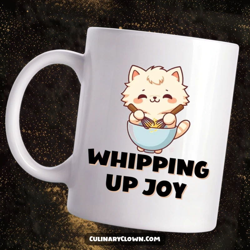 Funny kawaii cat character joyfully whisking batter in a bowl on a mug, embodying baking glee.