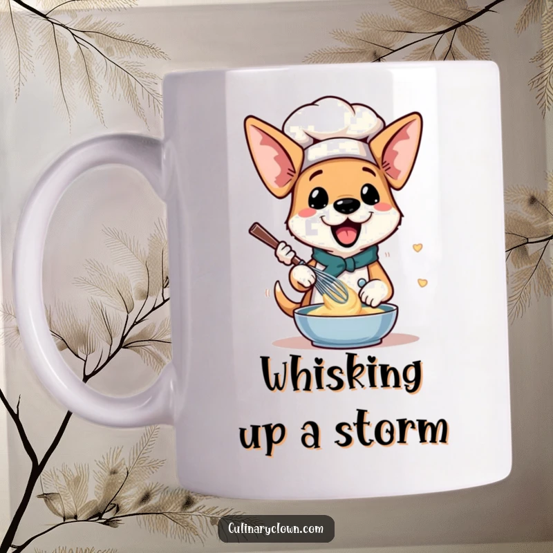 Funny Dog Chef Mug: A happy dog with floppy ears enthusiastically whisking batter for delightful baking.
