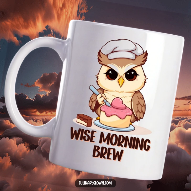 Funny owl chef character carefully decorating a very small cake with intense focus.