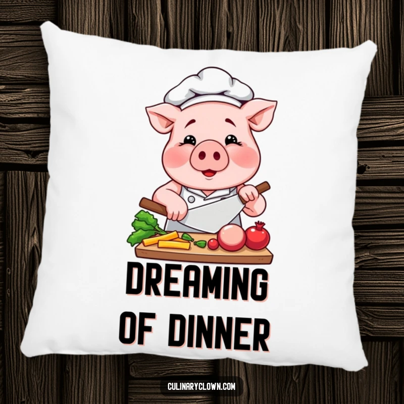 Funny Pig Chef Pillow: A soft pillow showcasing a smiling pig chef intensely chopping vegetables, perfect for comfort and decor.