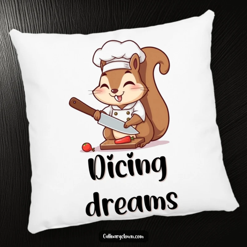 Funny chef squirrel chopping an ingredient, depicted on a soft and humorous plush pillow.