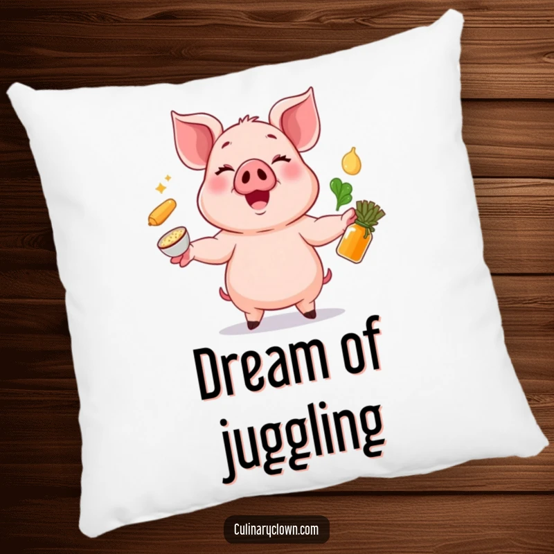 Funny pillow featuring a cheerful pig juggling ingredients, adding a touch of humor and comfort.