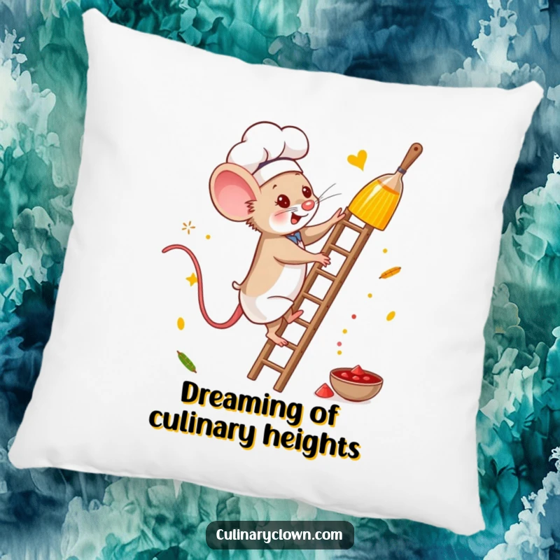 Funny mouse chef pillow with a brave character climbing for spices, perfect for cozy decor and inspiration.