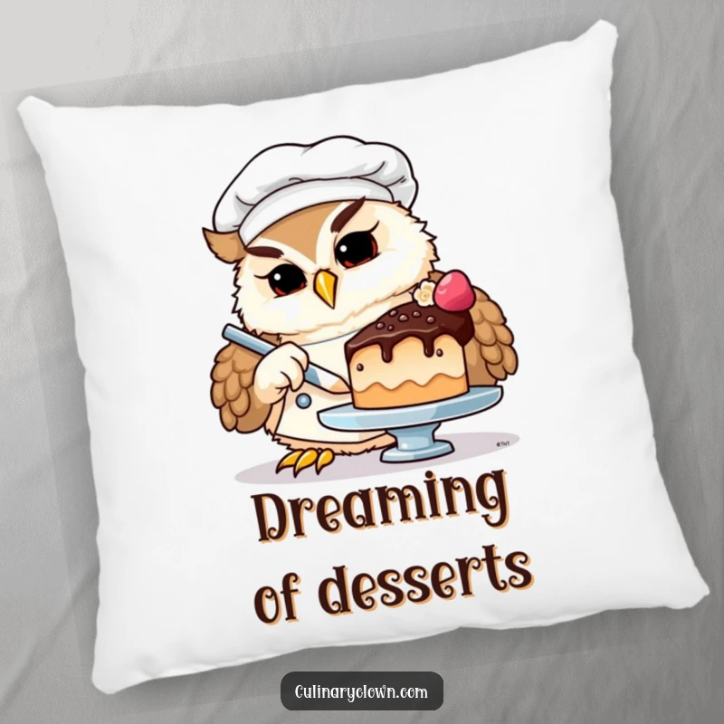 Funny owl chef pillow featuring a cute owl in a chef's hat, meticulously decorating a miniature, colorful cake with frosting.