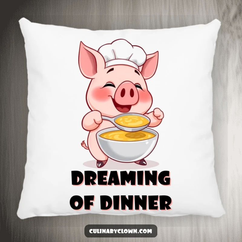 Funny pillow featuring a happy pig chef character gleefully tasting soup, offering comfort and a dose of culinary delight.