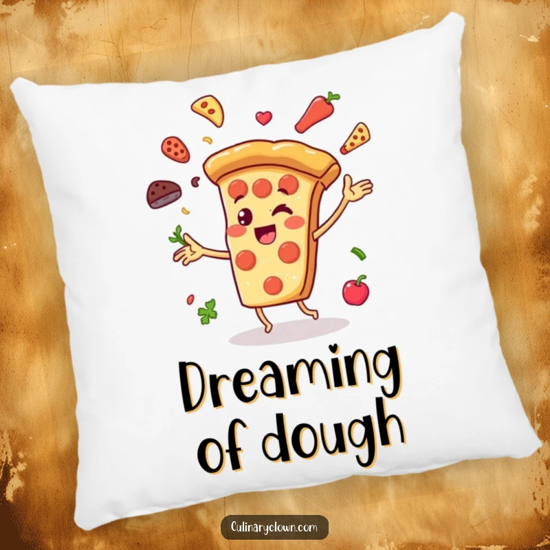 Funny Pillow with a cheerful pizza slice character juggling ingredients, offering comfort with a cute and pizza-themed design.