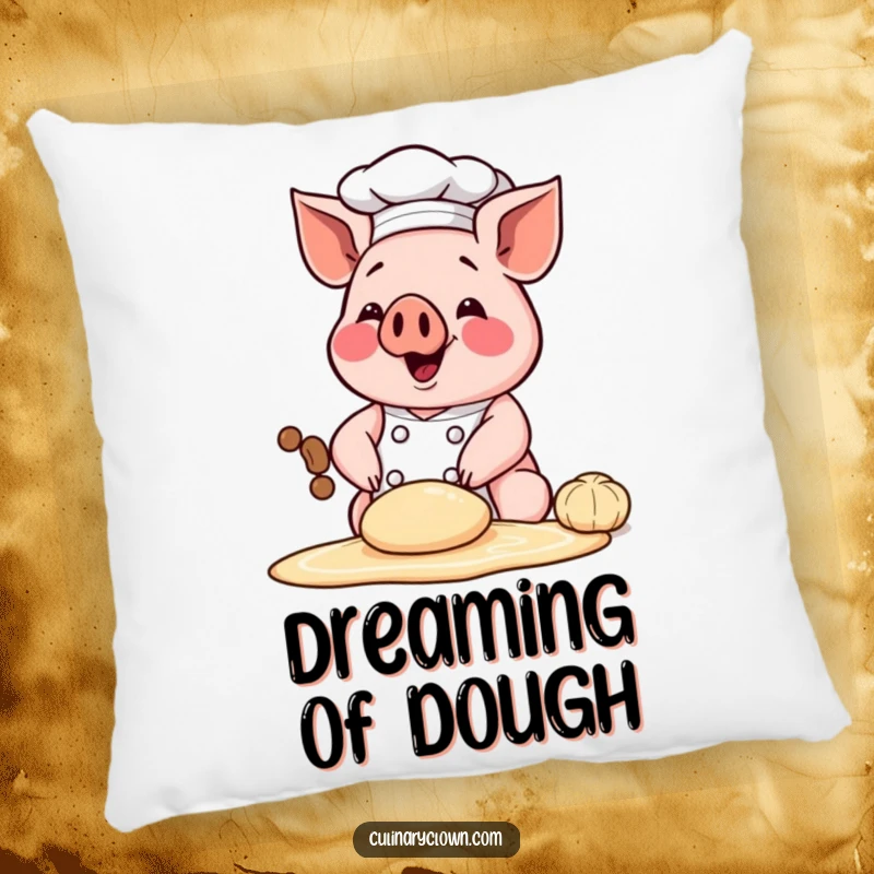 Funny pillow featuring a happy chef pig character kneading dough, offering comfortable support and humorous baking decor.