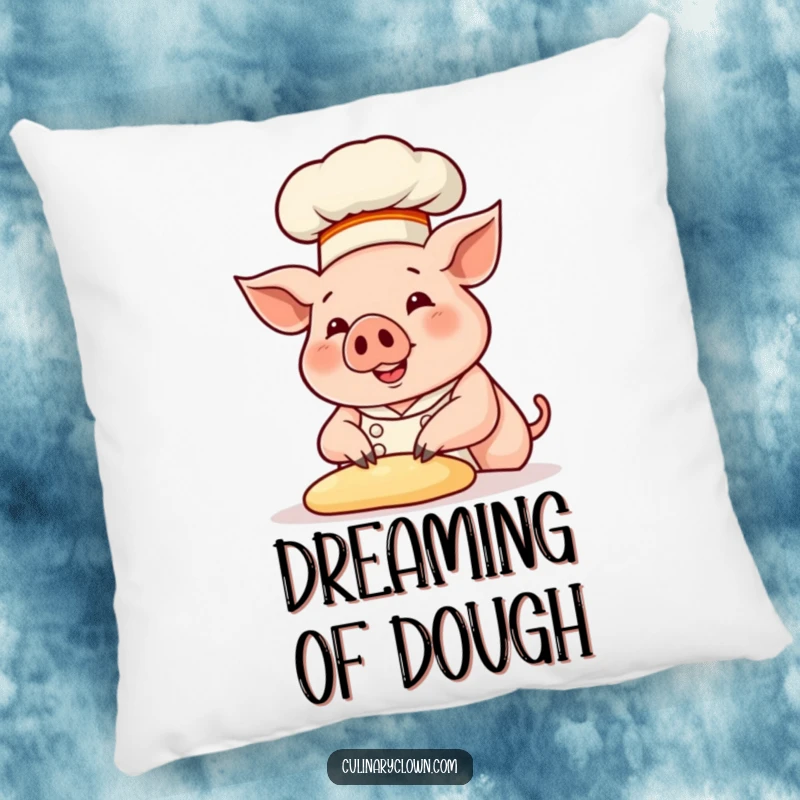 Funny pig chef with a chef hat, kneading dough, a soft and humorous accent pillow for comfort and smiles.