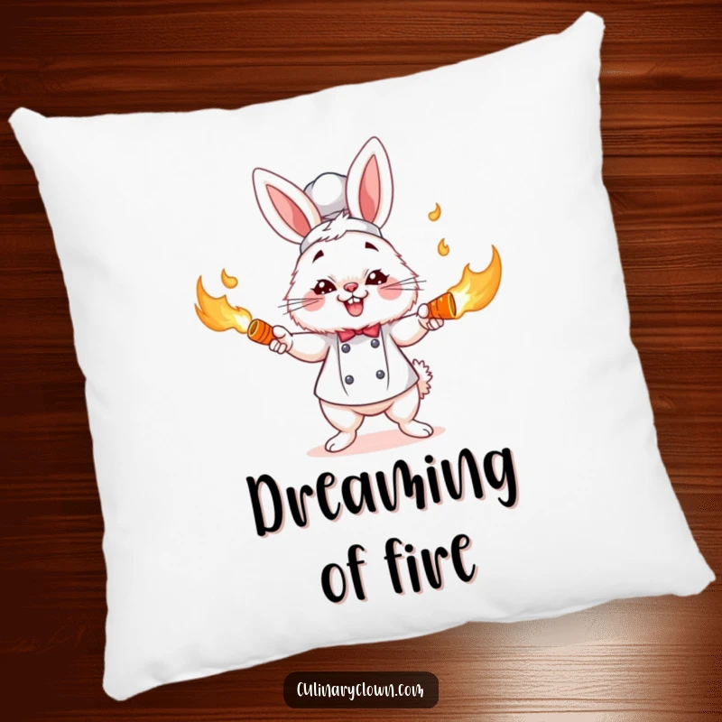 Funny bunny chef character focused on juggling flaming carrots, depicted as a soft, comfy funny pillow.