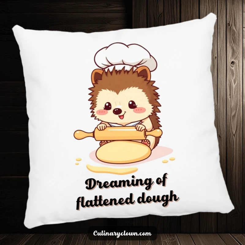Funny Kawaii Hedgehog Chef Pillow: A cute hedgehog chef rolls out dough with a tiny rolling pin, perfect for cozying up.