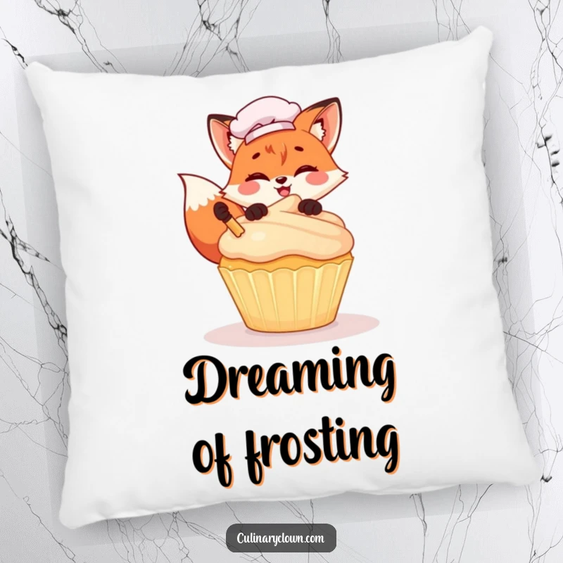 Funny Kawaii Fox Chef Pillow: A soft cushion featuring a cute cartoon fox chef joyfully decorating a giant cupcake with frosting, perfect for snuggles.